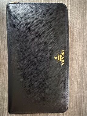 Prada Black Saffiano Continental Wallet with Gold Logo